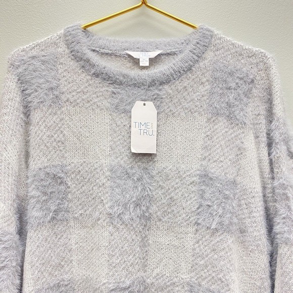 Time and Tru Fuzzy Sweater SIZE XL Light Grey Buffalo Plaid NEW Extra Large Soft - Picture 1 of 9